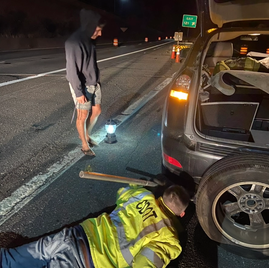 I70 breakdown showing the tire damage in Glenwood Canyon